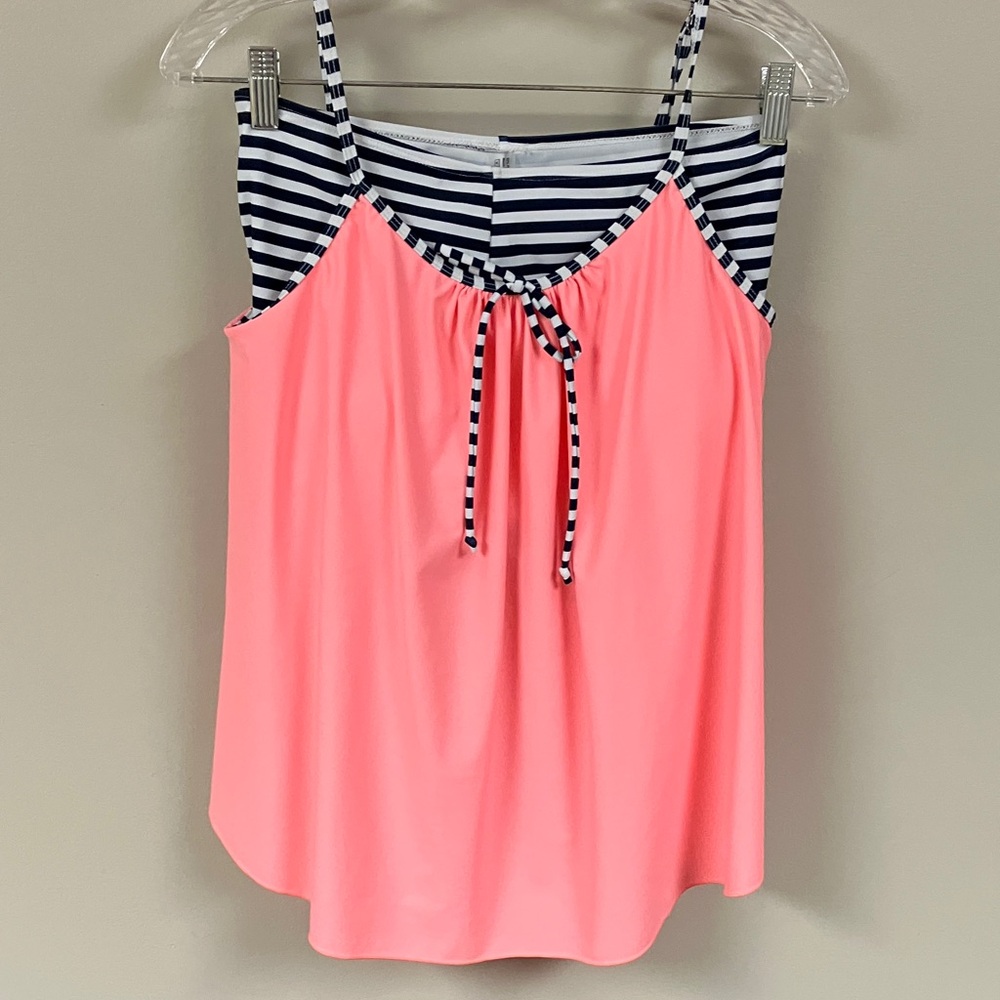 Striped-Trim Coral Pink Tankini One-Piece Swim Top